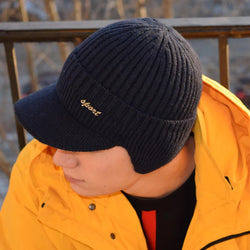 Unisex Stylish Add Fur Lined Warm Winter Hats with Brim Soft Beanie Cap for Men Women Classic Hat with Ear Knitted Hat