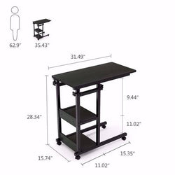 Adjustable Black Laptop Table with Wheels & Two Shelf