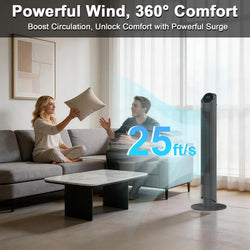 Sunspire 40'' Tower Fan for Bedroom, 90° Oscillating Standing Fan, 28Db Ultra Quiet, 26Ft/S Velocity Bladeless Floor Fan with 3 Speeds & 4 Modes, 12H Timer for Living Room, Home, Office, Black