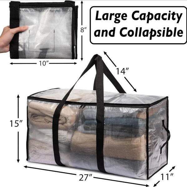Heavy Duty Storage Bag 88L Waterproof Moving Tote with Handles Translucent Closet Organizer for Comforters Clothes Internal Frame Backpacks 1/2/3/4 Pack Space Saving Bags Fitting