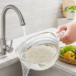 Aesthetic Multifunctional Rice Strainer with Handle - Sturdy Bpa-Free Transparent Plastic Kitchen Utensil, Colander for Draining Vegetables, Fruits, Coffee Dispenser Set
