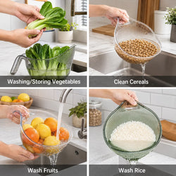 Aesthetic Multifunctional Rice Strainer with Handle - Sturdy Bpa-Free Transparent Plastic Kitchen Utensil, Colander for Draining Vegetables, Fruits, Coffee Dispenser Set